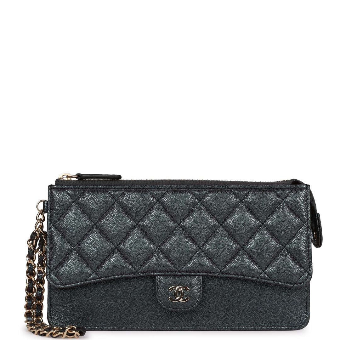Top Quality Chanel Classic Pouch with Handle Black Iridescent Caviar Gold Hardware