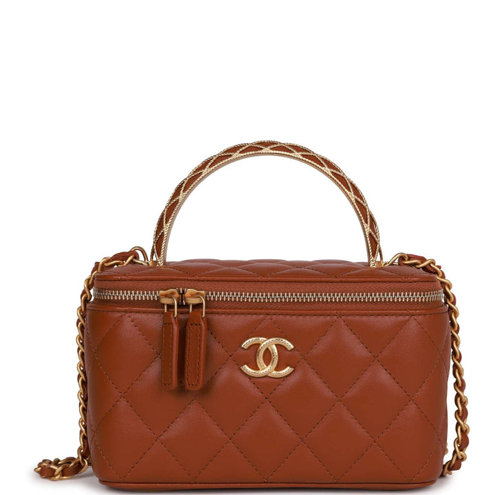 Top Quality Chanel Small Top Handle Vanity Case Brown Lambskin Brushed Gold Hardware