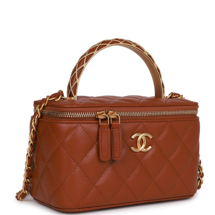 Top Quality Chanel Small Top Handle Vanity Case Brown Lambskin Brushed Gold Hardware