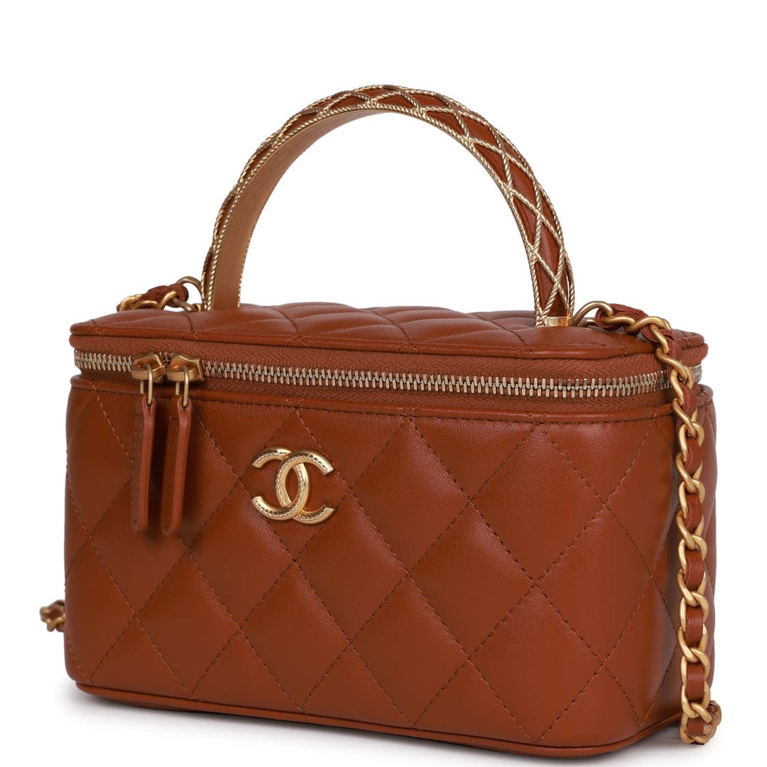 Top Quality Chanel Small Top Handle Vanity Case Brown Lambskin Brushed Gold Hardware