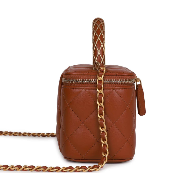 Top Quality Chanel Small Top Handle Vanity Case Brown Lambskin Brushed Gold Hardware