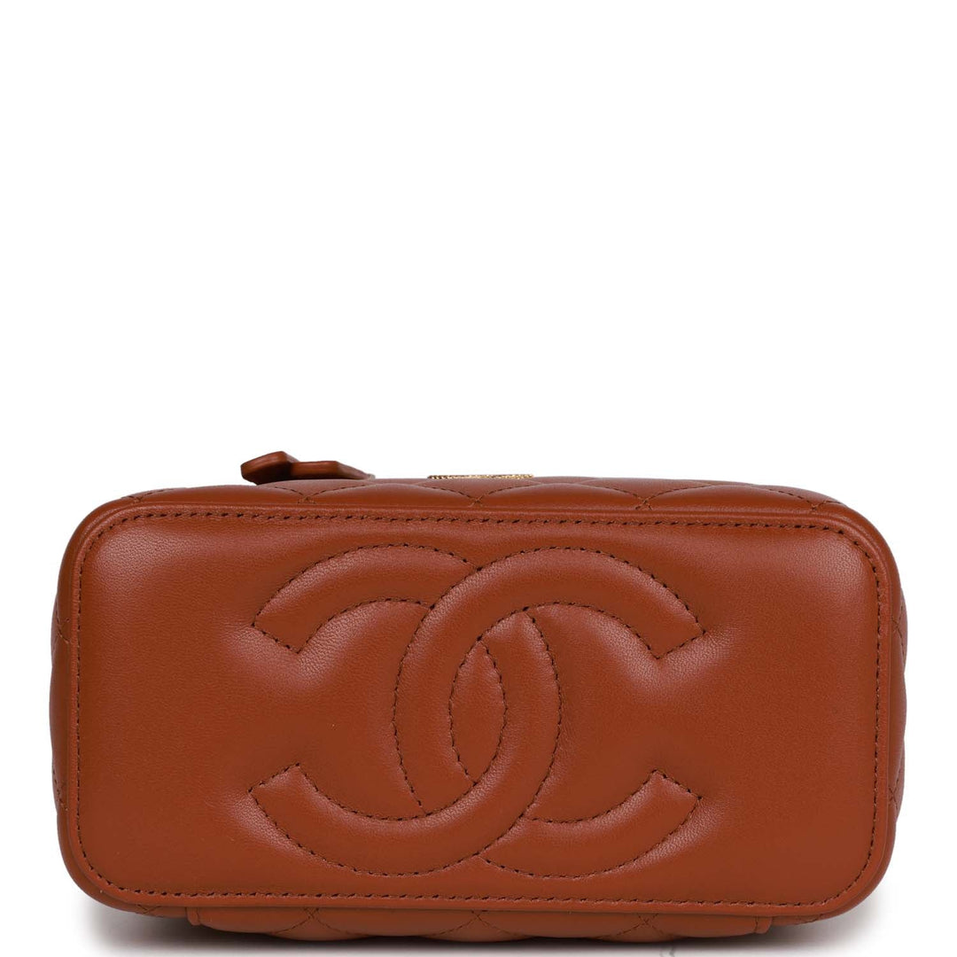 Top Quality Chanel Small Top Handle Vanity Case Brown Lambskin Brushed Gold Hardware