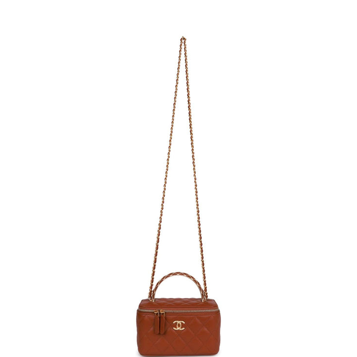 Top Quality Chanel Small Top Handle Vanity Case Brown Lambskin Brushed Gold Hardware