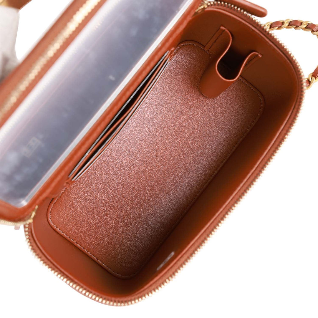 Top Quality Chanel Small Top Handle Vanity Case Brown Lambskin Brushed Gold Hardware