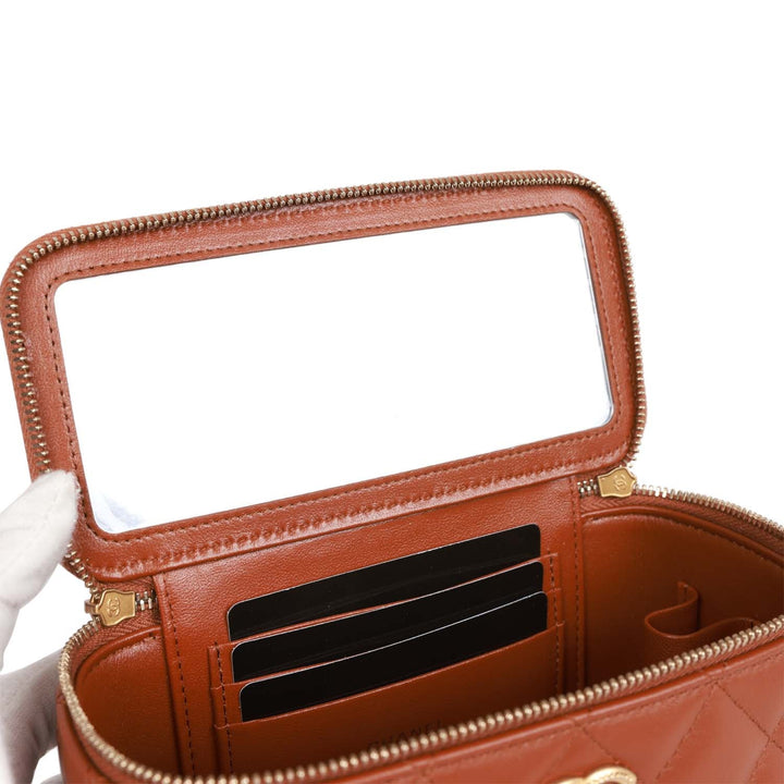 Top Quality Chanel Small Top Handle Vanity Case Brown Lambskin Brushed Gold Hardware