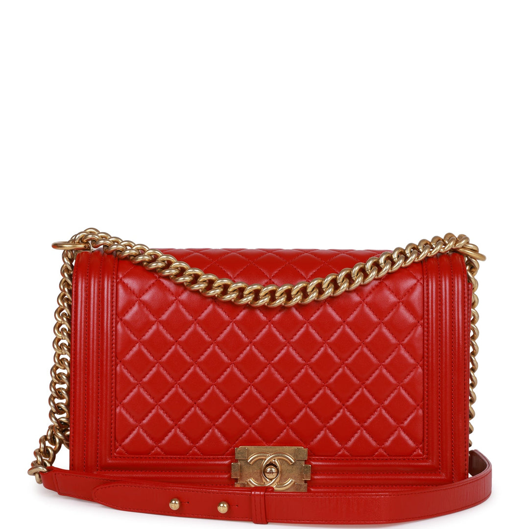 Top Quality Chanel New Medium Boy Bag Red Lambskin Antique Gold Hardware