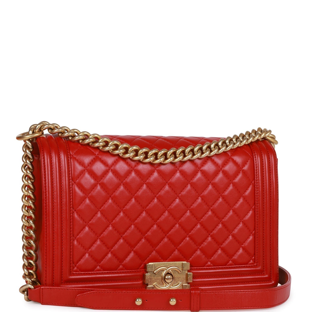 Top Quality Chanel New Medium Boy Bag Red Lambskin Antique Gold Hardware