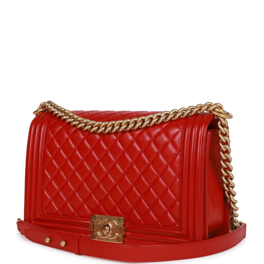 Top Quality Chanel New Medium Boy Bag Red Lambskin Antique Gold Hardware
