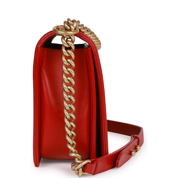 Top Quality Chanel New Medium Boy Bag Red Lambskin Antique Gold Hardware