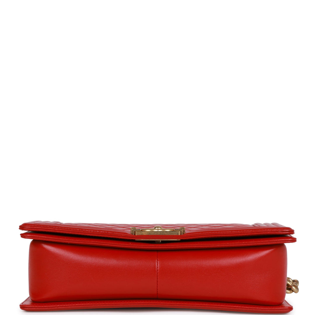 Top Quality Chanel New Medium Boy Bag Red Lambskin Antique Gold Hardware