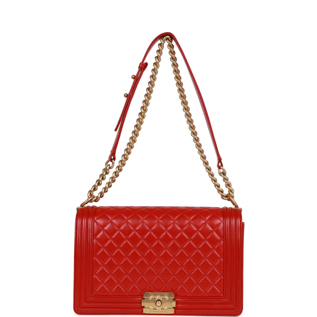 Top Quality Chanel New Medium Boy Bag Red Lambskin Antique Gold Hardware