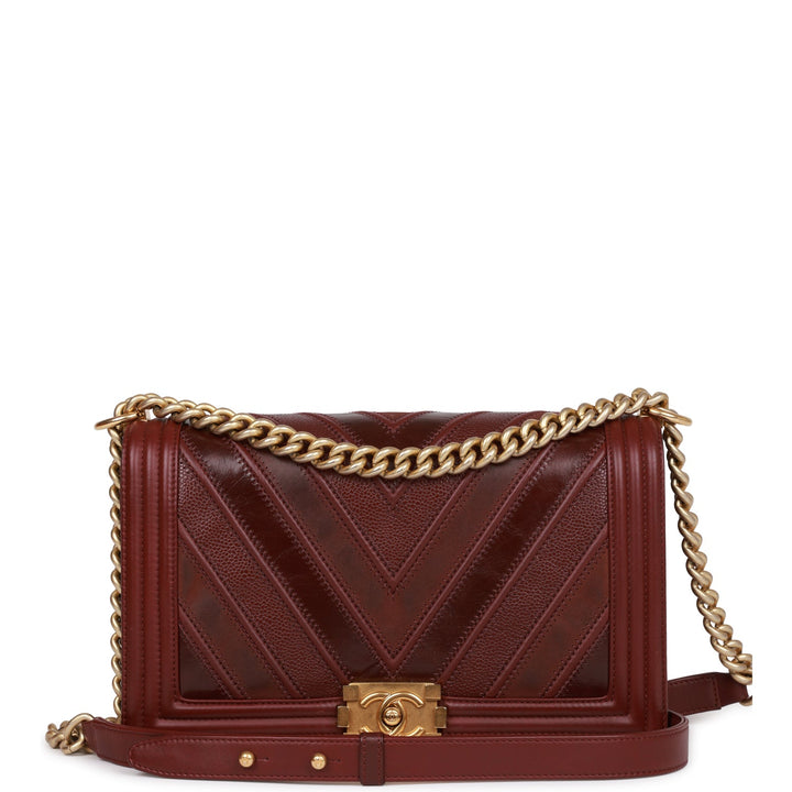 Top Quality Chanel New Medium Boy Bag Burgundy Chevron Antique Gold Hardware