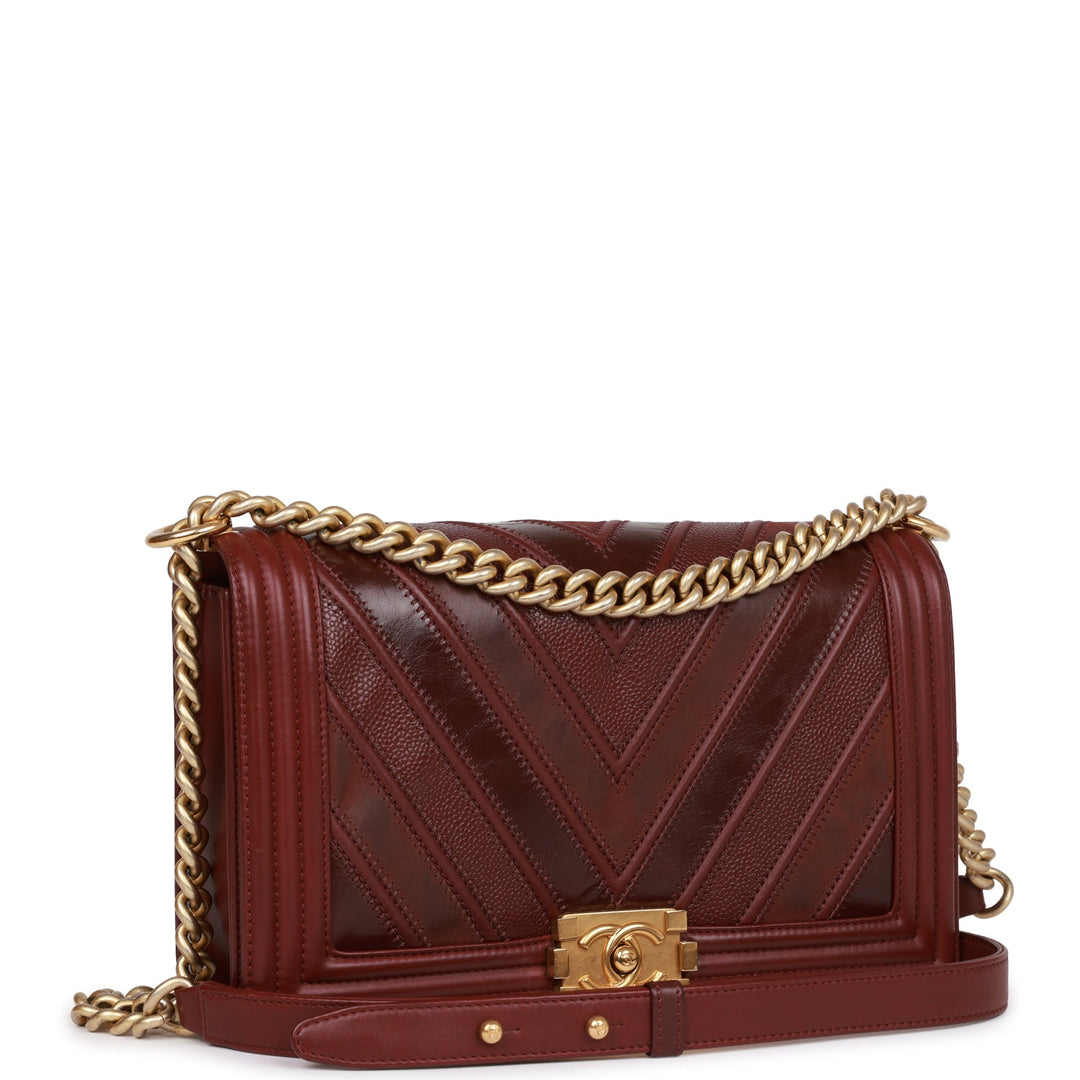 Top Quality Chanel New Medium Boy Bag Burgundy Chevron Antique Gold Hardware