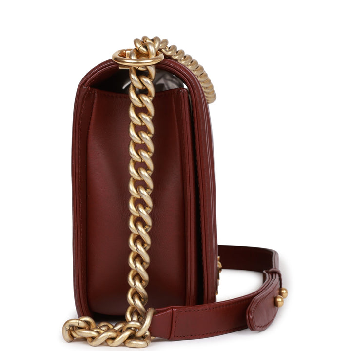 Top Quality Chanel New Medium Boy Bag Burgundy Chevron Antique Gold Hardware