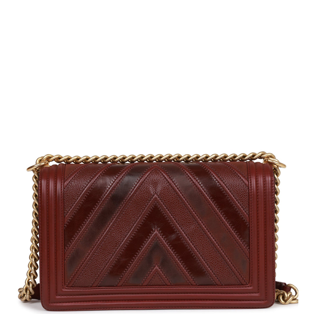 Top Quality Chanel New Medium Boy Bag Burgundy Chevron Antique Gold Hardware