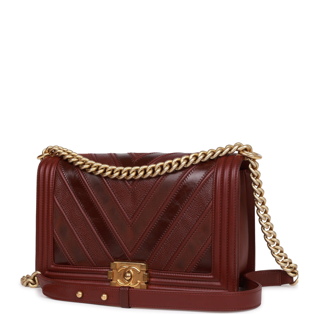 Top Quality Chanel New Medium Boy Bag Burgundy Chevron Antique Gold Hardware
