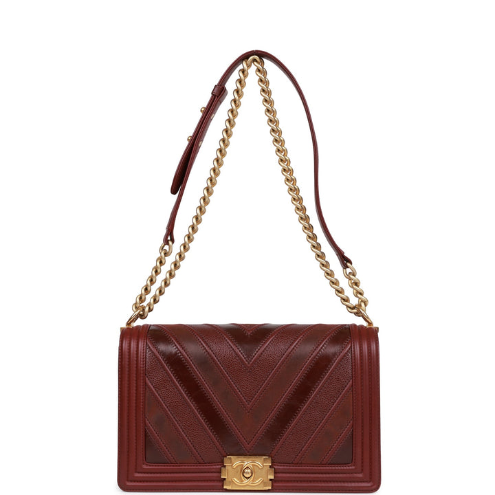 Top Quality Chanel New Medium Boy Bag Burgundy Chevron Antique Gold Hardware