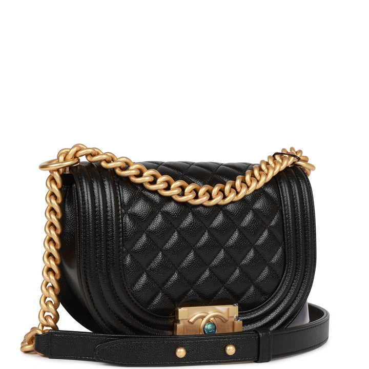 Top Quality Chanel Small Boy Messenger Bag Black Caviar Antique Gold Hardware