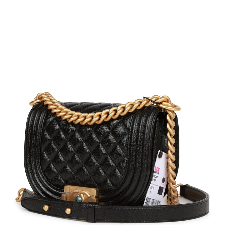 Top Quality Chanel Small Boy Messenger Bag Black Caviar Antique Gold Hardware