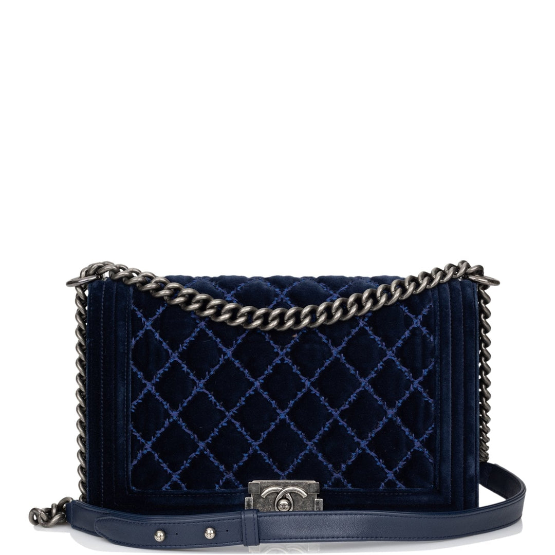 Top Quality Chanel Large Boy Bag Blue Velvet Ruthenium Hardware