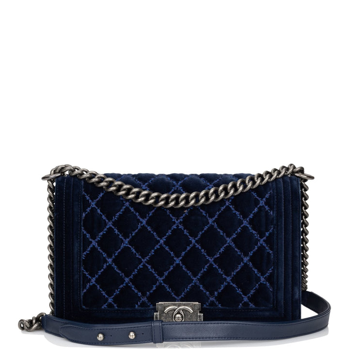 Top Quality Chanel Large Boy Bag Blue Velvet Ruthenium Hardware