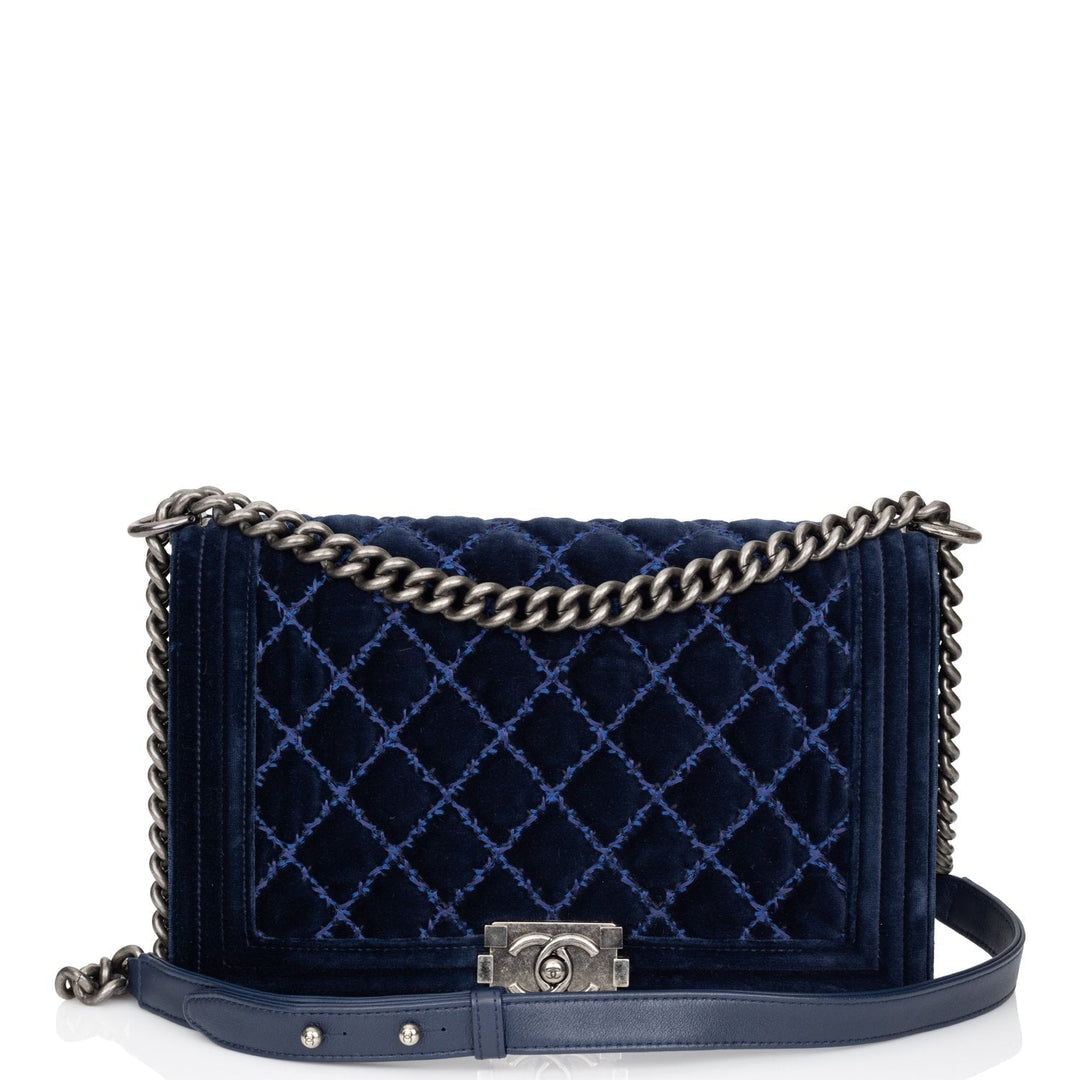 Top Quality Chanel Large Boy Bag Blue Velvet Ruthenium Hardware
