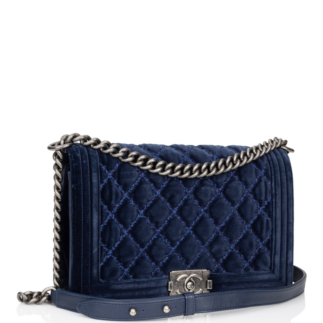 Top Quality Chanel Large Boy Bag Blue Velvet Ruthenium Hardware