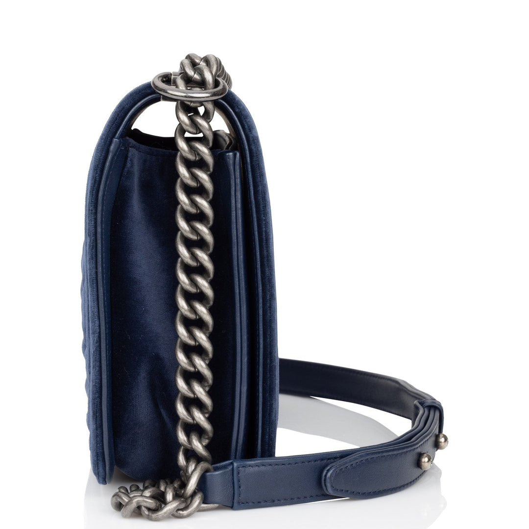 Top Quality Chanel Large Boy Bag Blue Velvet Ruthenium Hardware