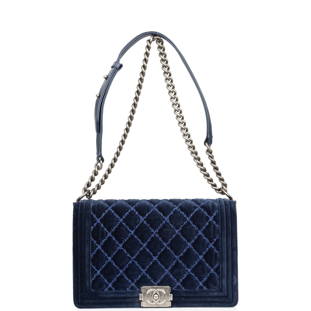 Top Quality Chanel Large Boy Bag Blue Velvet Ruthenium Hardware