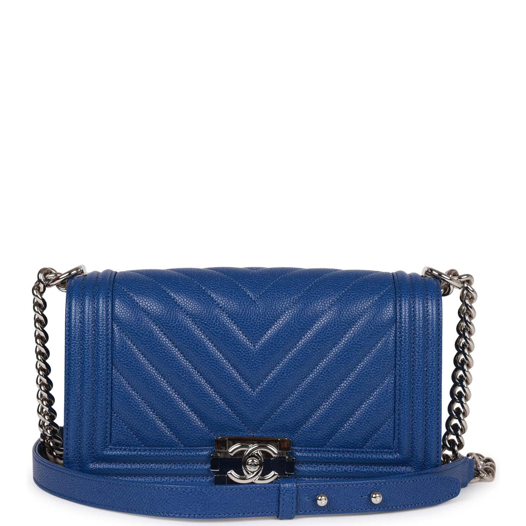 Top Quality Chanel Medium Boy Bag Blue Chevron Caviar Silver Hardware