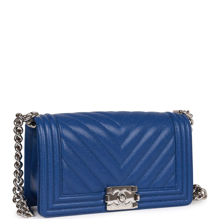 Top Quality Chanel Medium Boy Bag Blue Chevron Caviar Silver Hardware
