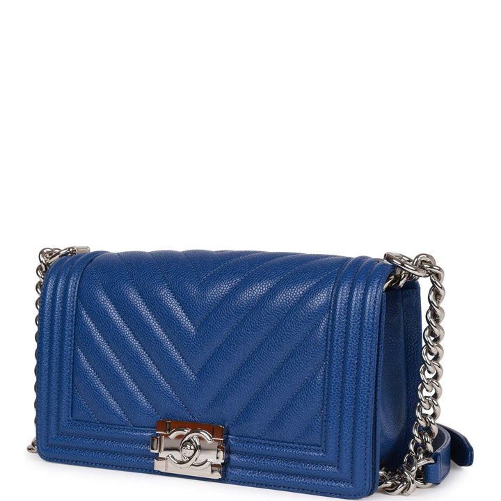 Top Quality Chanel Medium Boy Bag Blue Chevron Caviar Silver Hardware