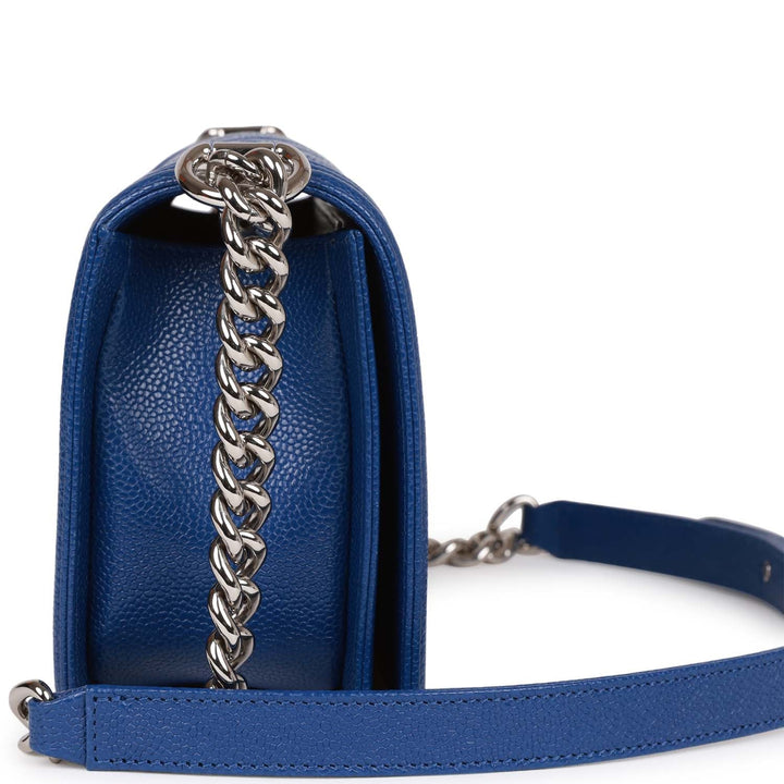 Top Quality Chanel Medium Boy Bag Blue Chevron Caviar Silver Hardware