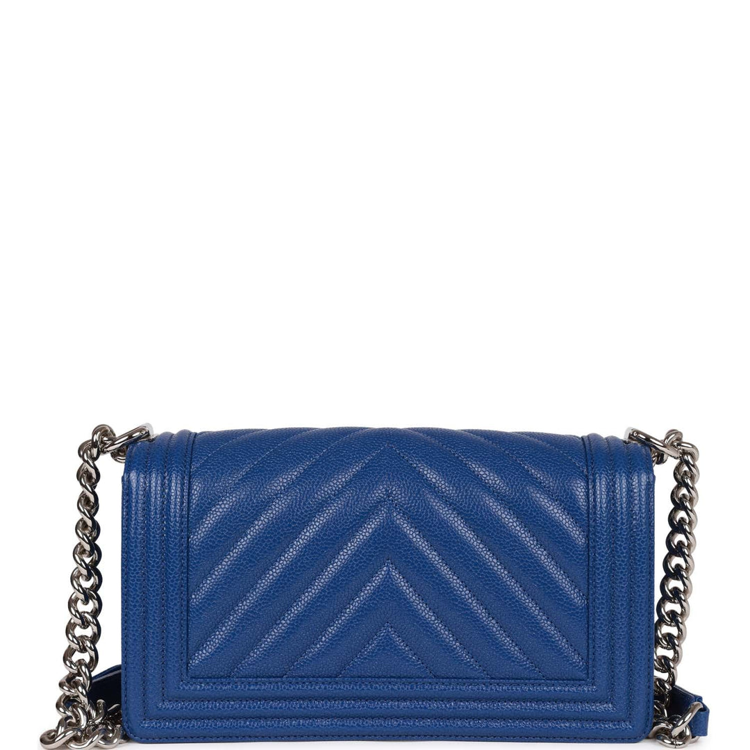 Top Quality Chanel Medium Boy Bag Blue Chevron Caviar Silver Hardware