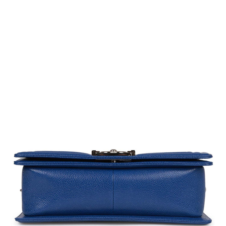 Top Quality Chanel Medium Boy Bag Blue Chevron Caviar Silver Hardware