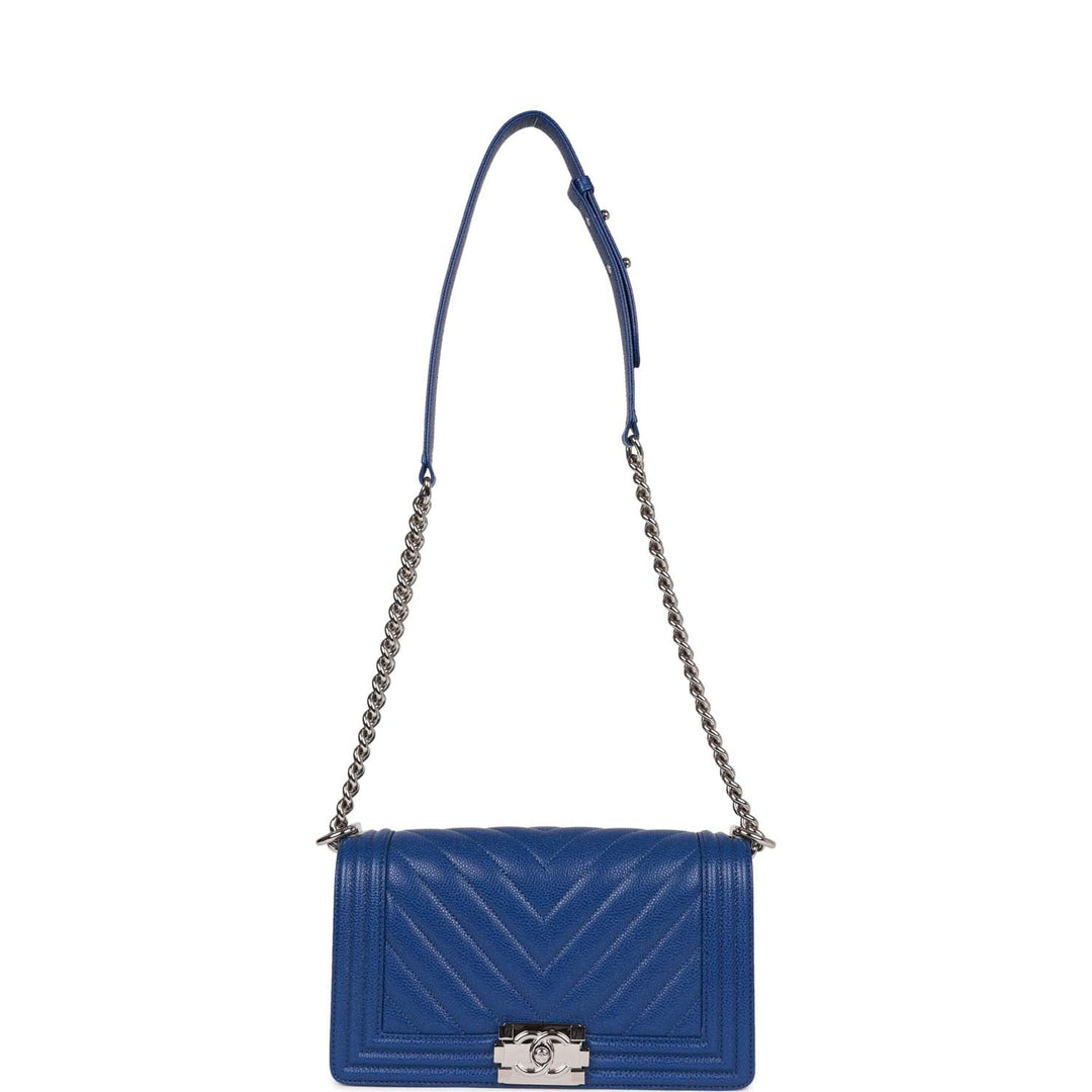 Top Quality Chanel Medium Boy Bag Blue Chevron Caviar Silver Hardware