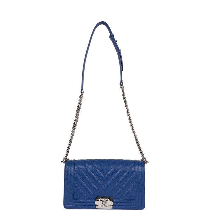 Top Quality Chanel Medium Boy Bag Blue Chevron Caviar Silver Hardware