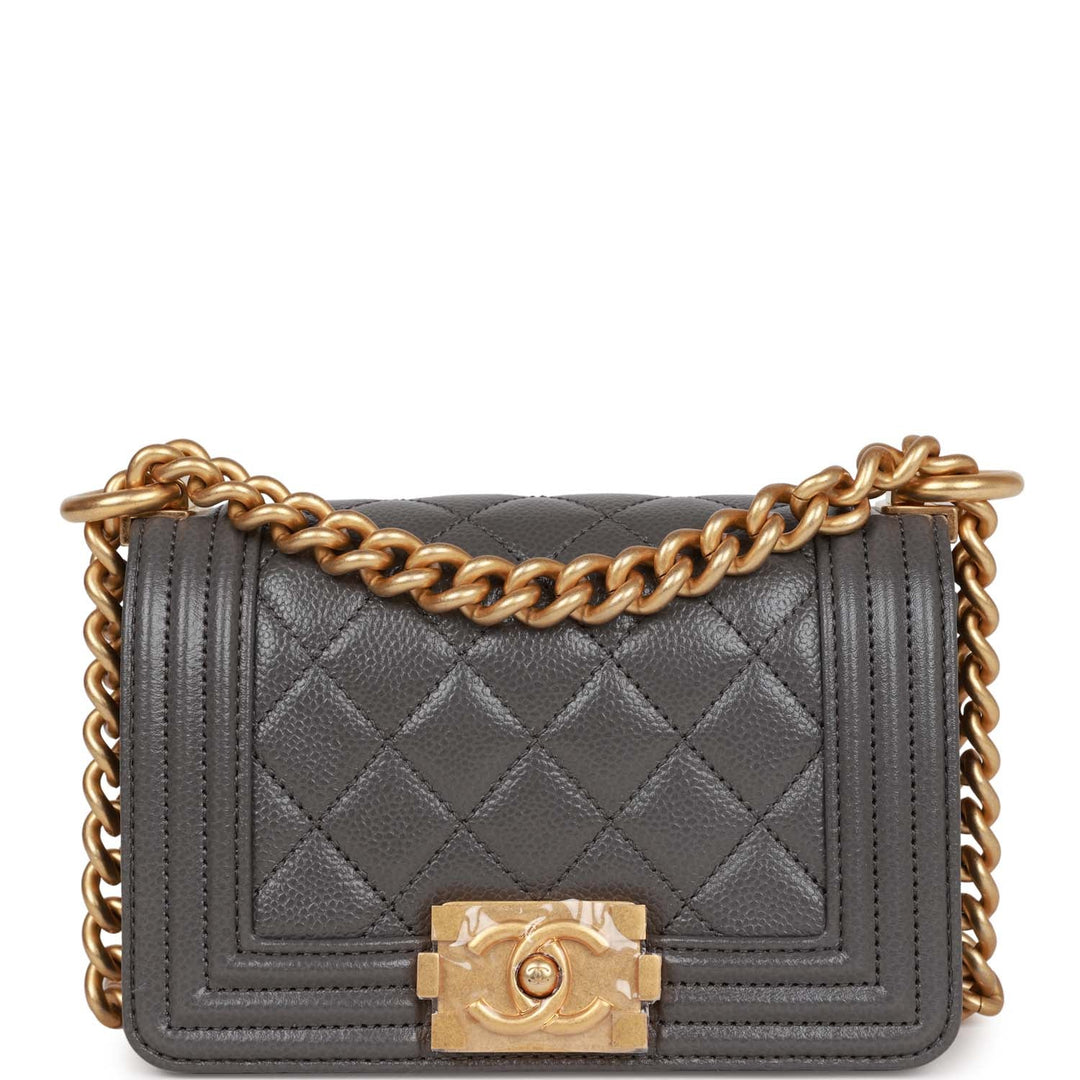 Top Quality Chanel Mini Boy Bag Grey Caviar Antique Gold Hardware