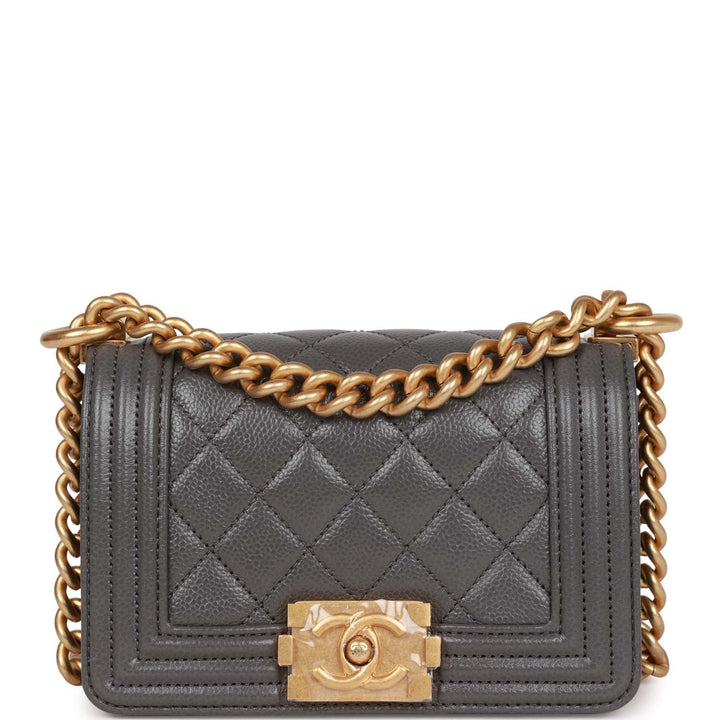 Top Quality Chanel Mini Boy Bag Grey Caviar Antique Gold Hardware