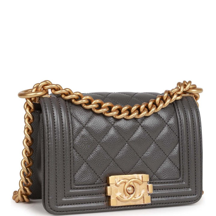 Top Quality Chanel Mini Boy Bag Grey Caviar Antique Gold Hardware