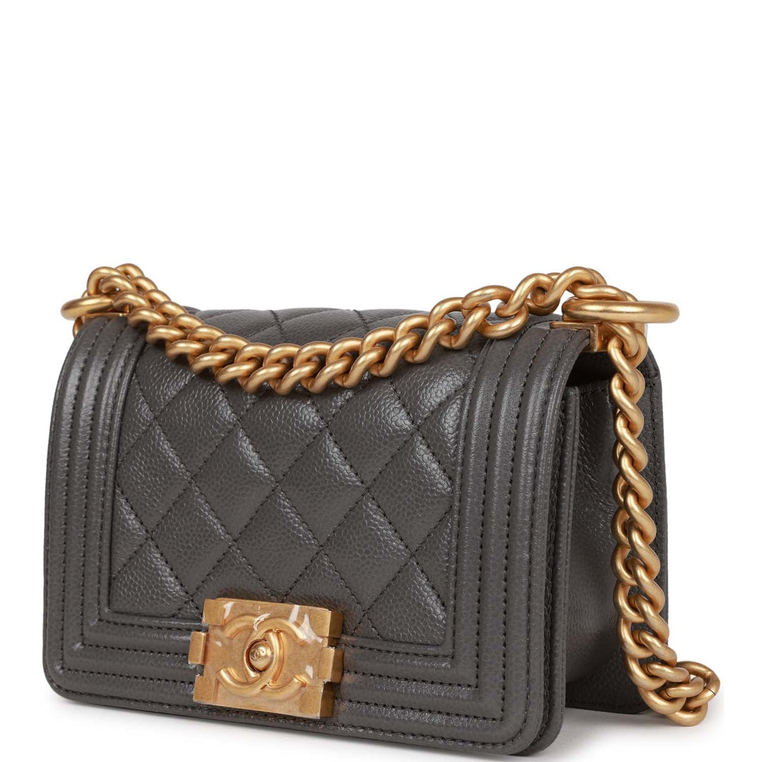 Top Quality Chanel Mini Boy Bag Grey Caviar Antique Gold Hardware