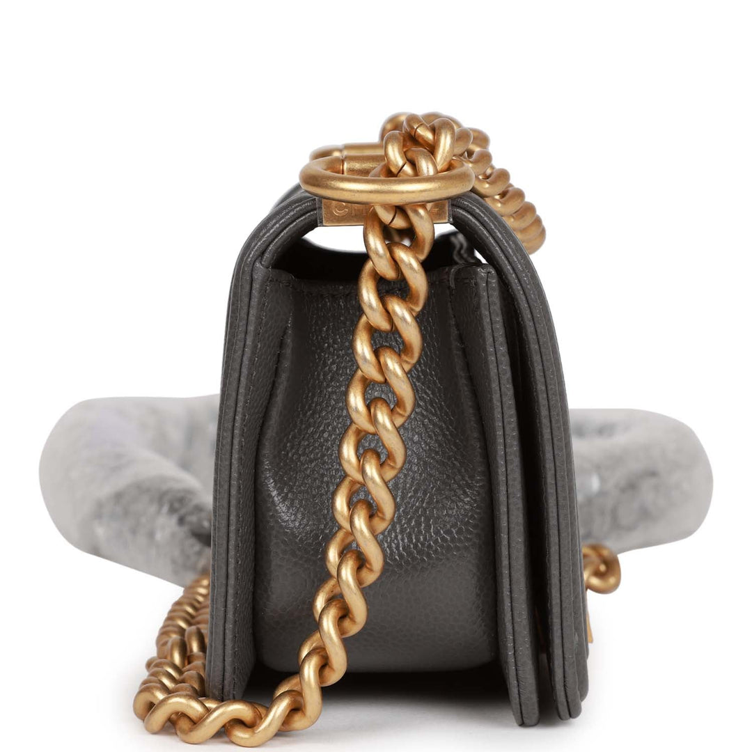 Top Quality Chanel Mini Boy Bag Grey Caviar Antique Gold Hardware