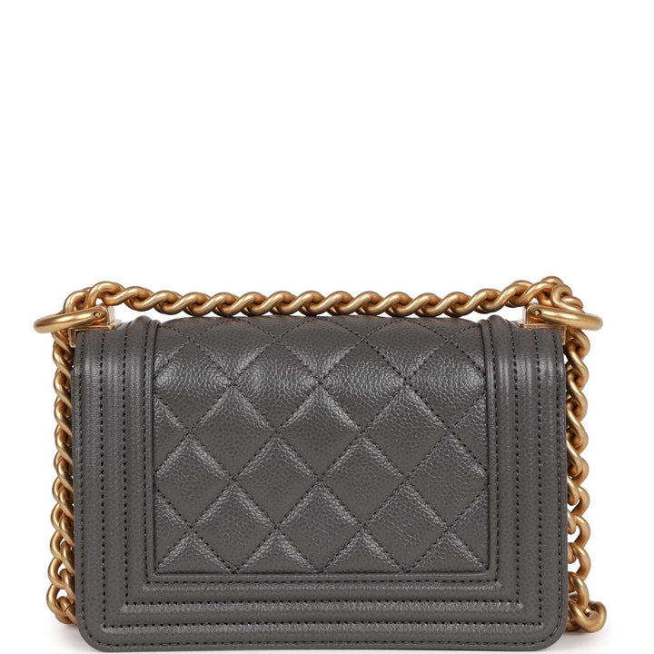 Top Quality Chanel Mini Boy Bag Grey Caviar Antique Gold Hardware