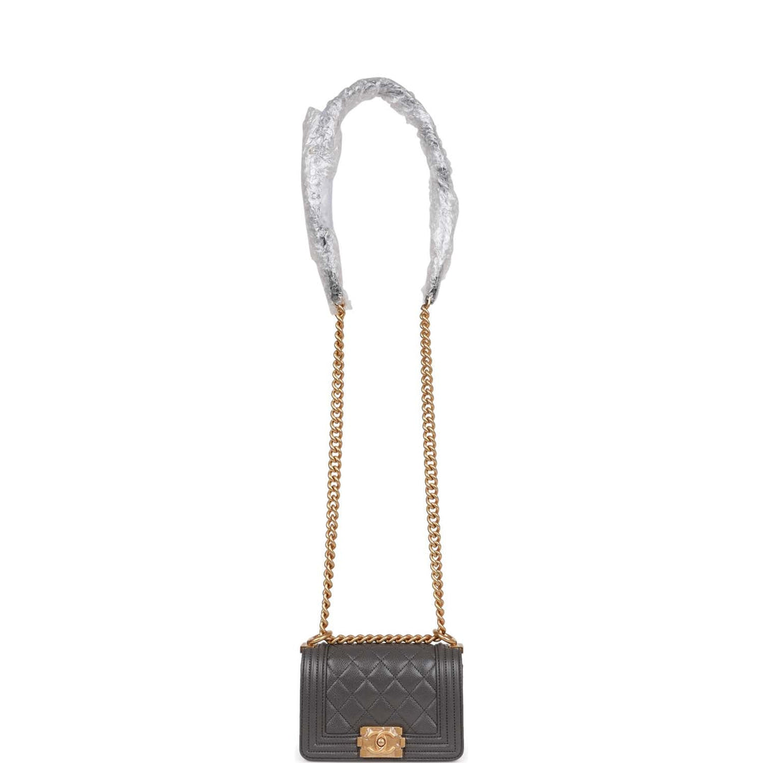 Top Quality Chanel Mini Boy Bag Grey Caviar Antique Gold Hardware