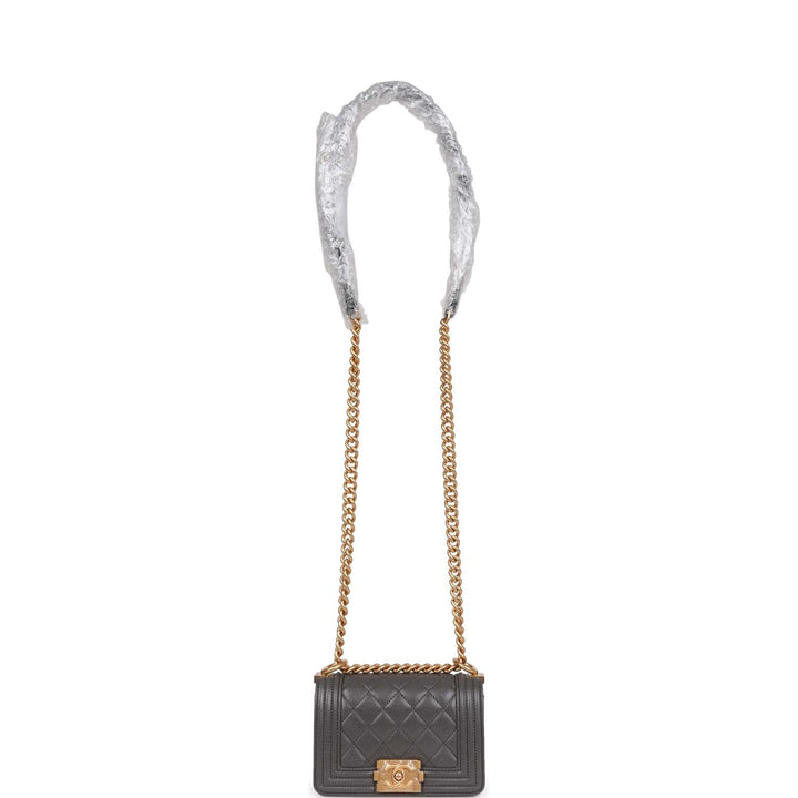 Top Quality Chanel Mini Boy Bag Grey Caviar Antique Gold Hardware