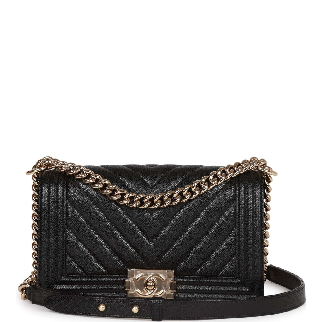 Top Quality Chanel Medium Boy Bag Black Chevron Caviar Light Gold Hardware