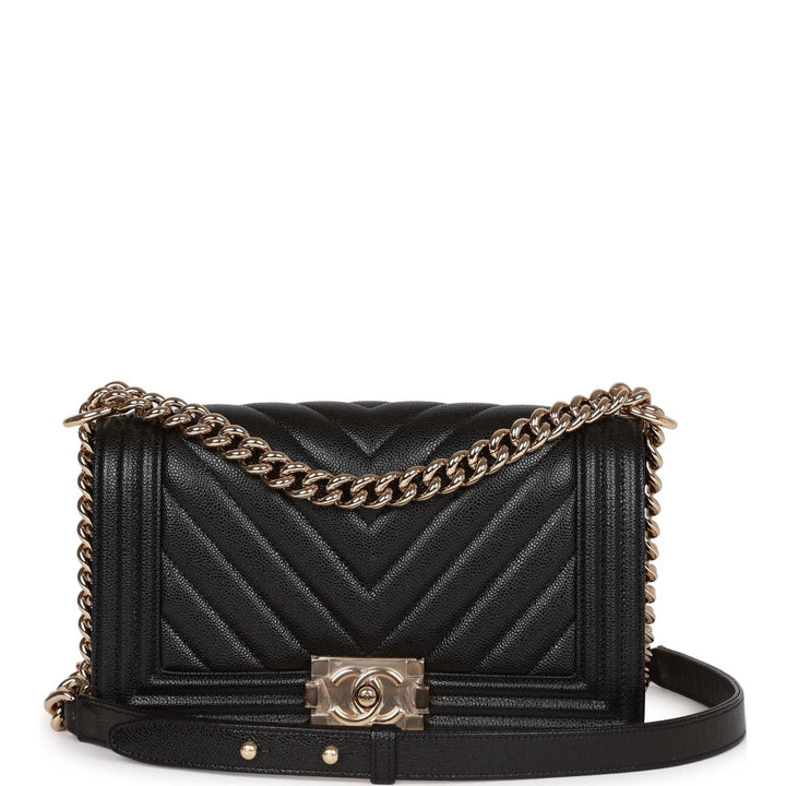 Top Quality Chanel Medium Boy Bag Black Chevron Caviar Light Gold Hardware