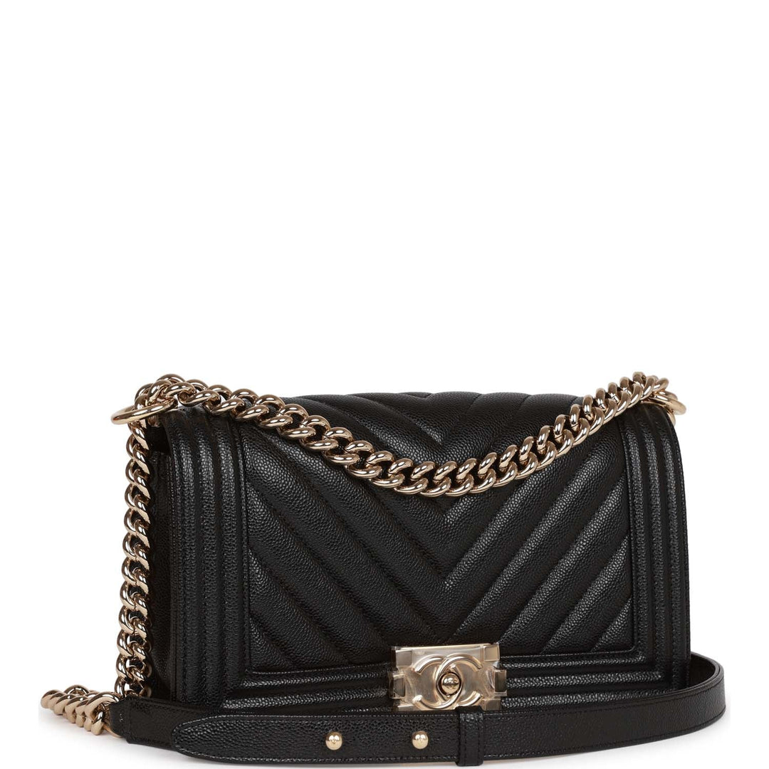 Top Quality Chanel Medium Boy Bag Black Chevron Caviar Light Gold Hardware