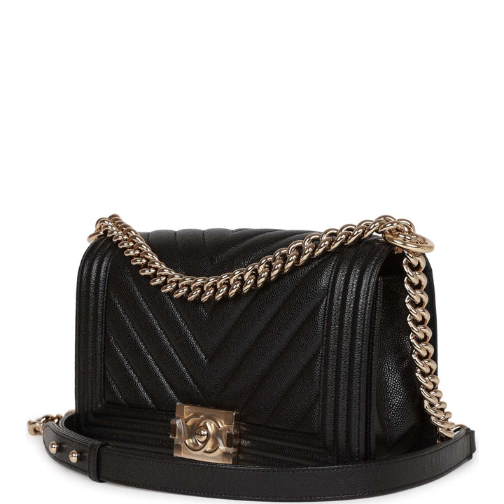 Top Quality Chanel Medium Boy Bag Black Chevron Caviar Light Gold Hardware