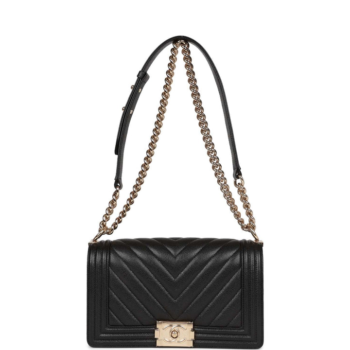 Top Quality Chanel Medium Boy Bag Black Chevron Caviar Light Gold Hardware